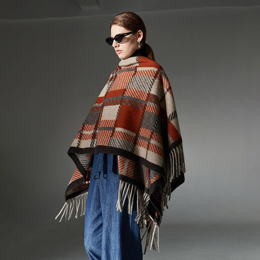 European And American Camel Tassel Plaid Shawl