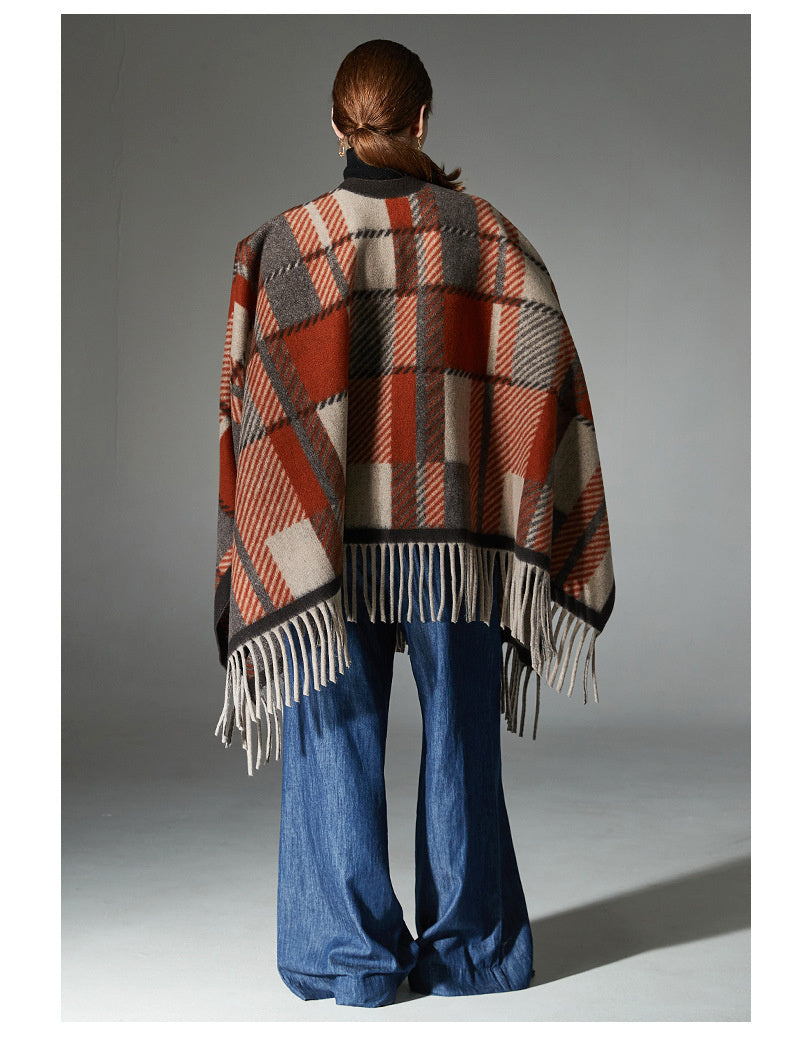 European And American Camel Tassel Plaid Shawl