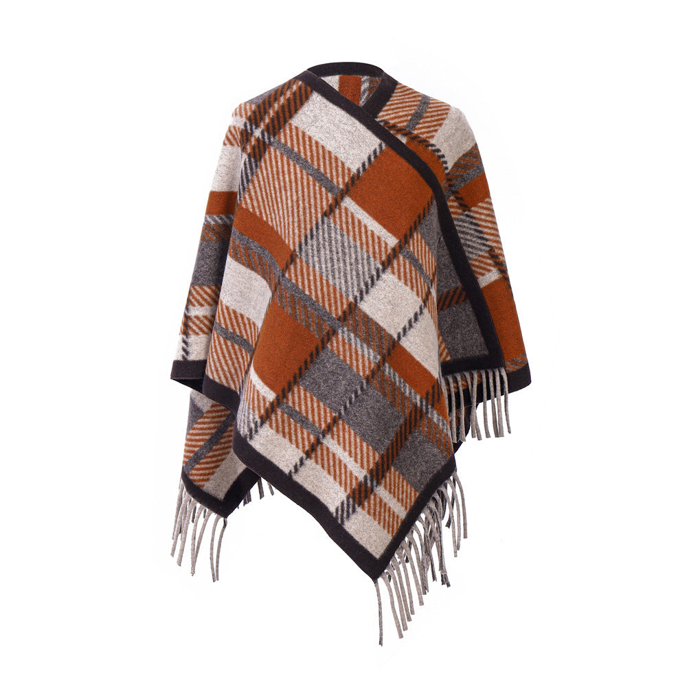 European And American Camel Tassel Plaid Shawl