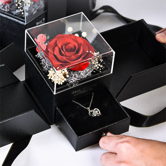 Preserved Flower Acrylic Cover Necklace Ring Earring Jewelry Box